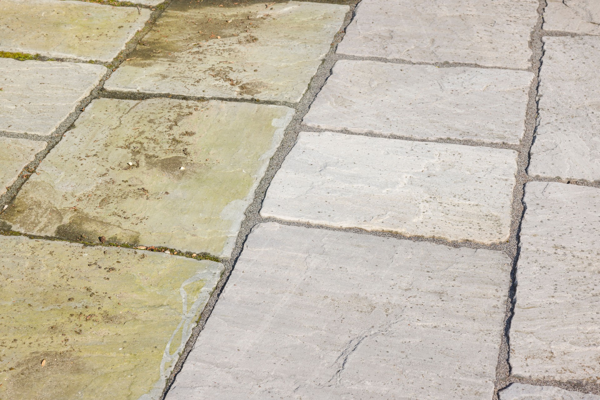 Jet washing or pressure washing patio, before and after cleaning